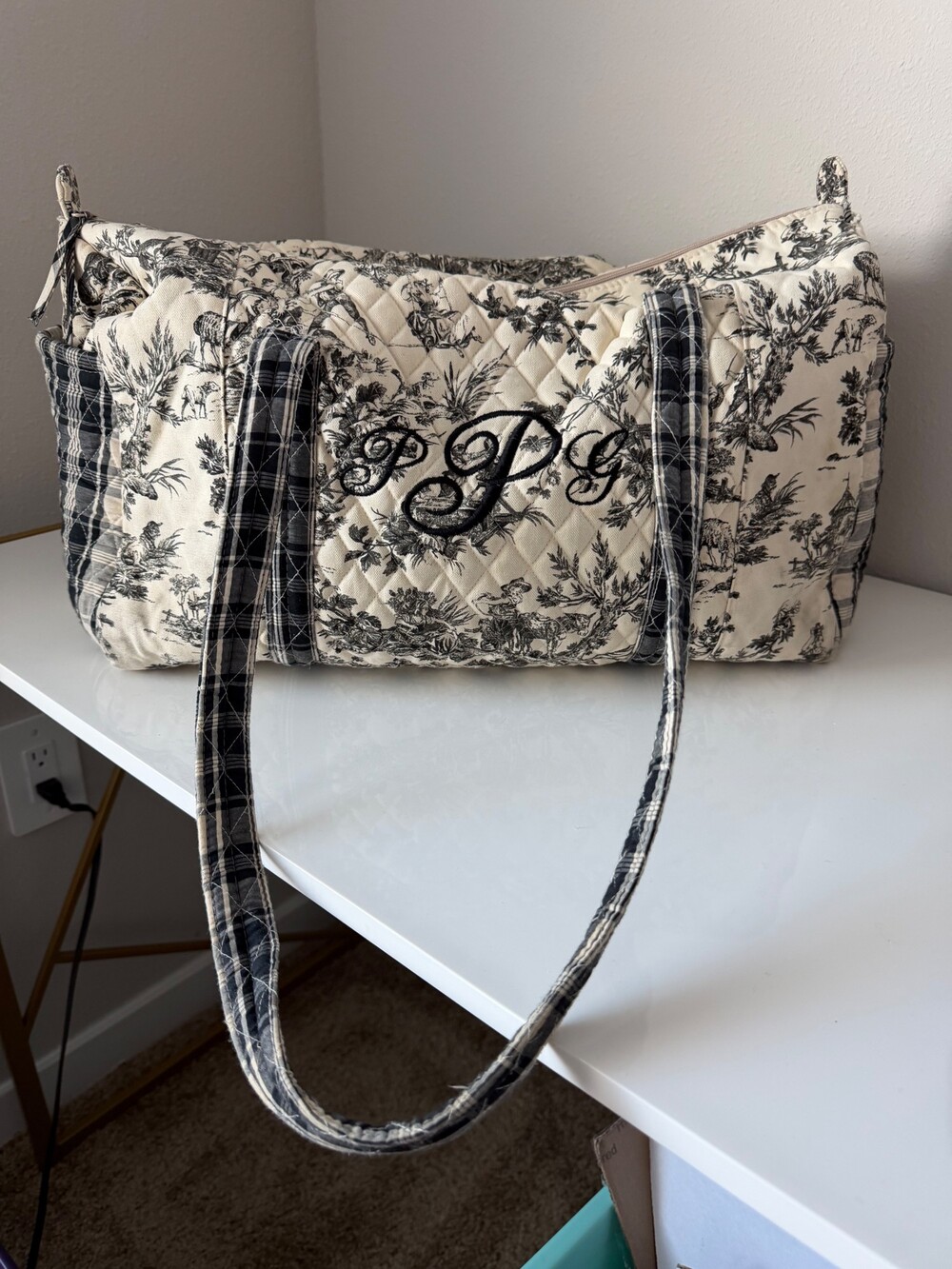 Quilted Tote Bag Black and White Toile Print with Monogrammed PJG and Plaid Hand